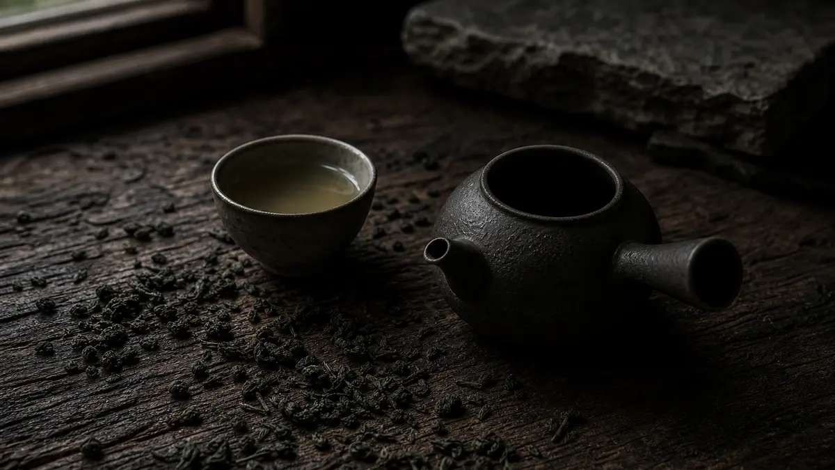 dark atmospheric editorial tea photograph, a small Japanese houhin teapot without a lid resting on a weathered dark wood
