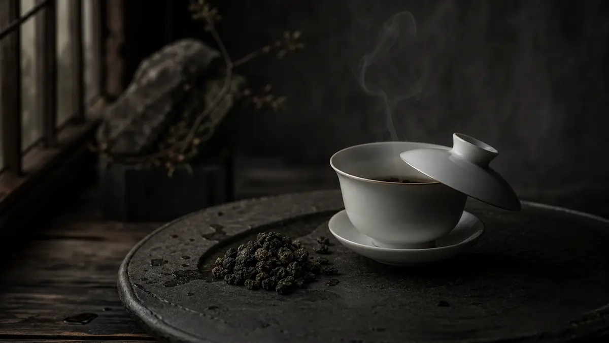 dark atmospheric editorial tea photograph, a white porcelain gaiwan with lid slightly ajar resting on a dark stone tea t