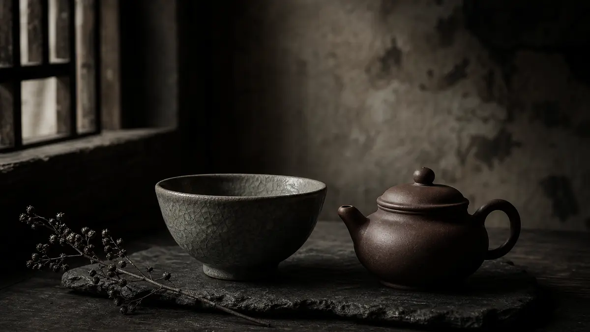 dark atmospheric editorial tea photograph, two distinct ceramic tea vessels side by side on aged dark wood surface, one