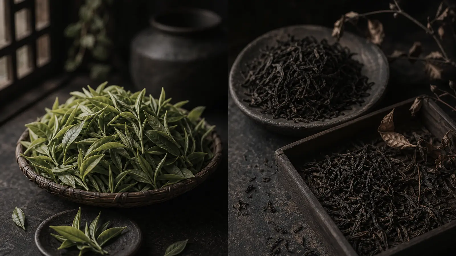 Bright fresh spring tea leaves beside rich, deep autumn tea leaves in a split composition highlighting seasonal harvest differences.