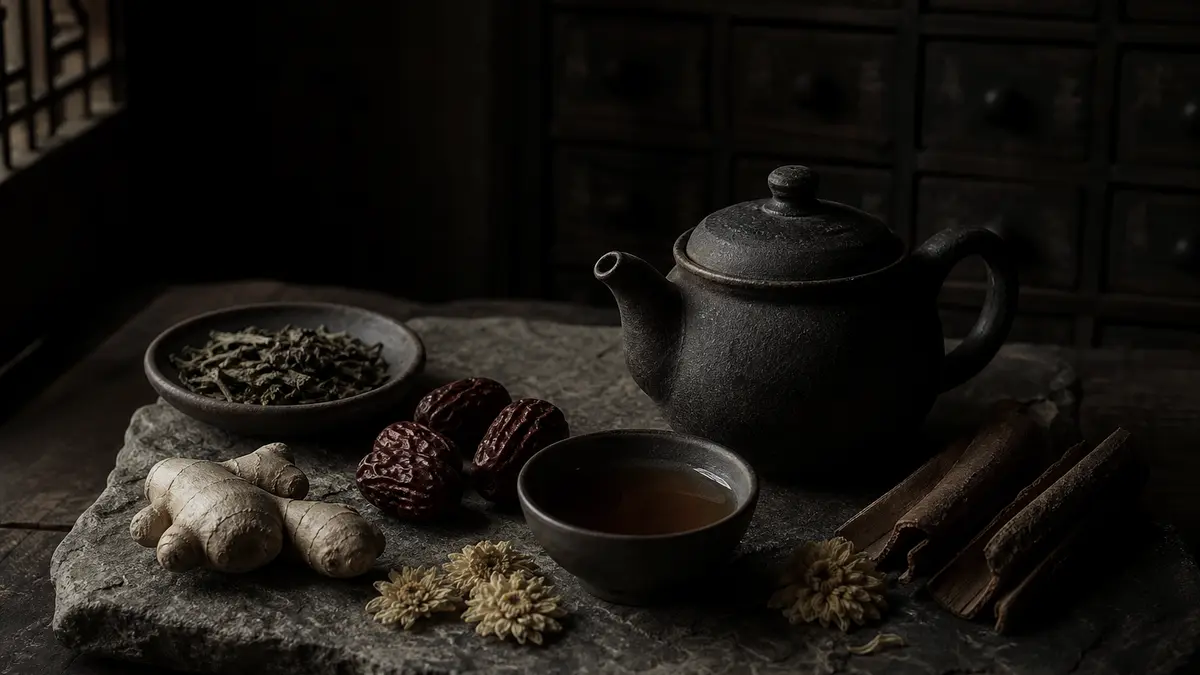 Dark atmospheric editorial photograph of a traditional Korean earthenware teapot and small dark ceramic cup filled with 