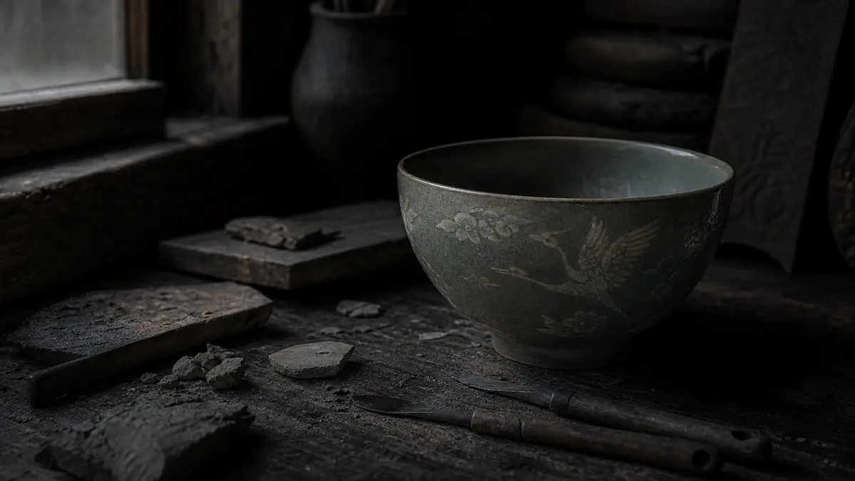 dark atmospheric editorial photograph of a Goryeo celadon bowl with inlaid sanggam decoration resting on dark aged wood