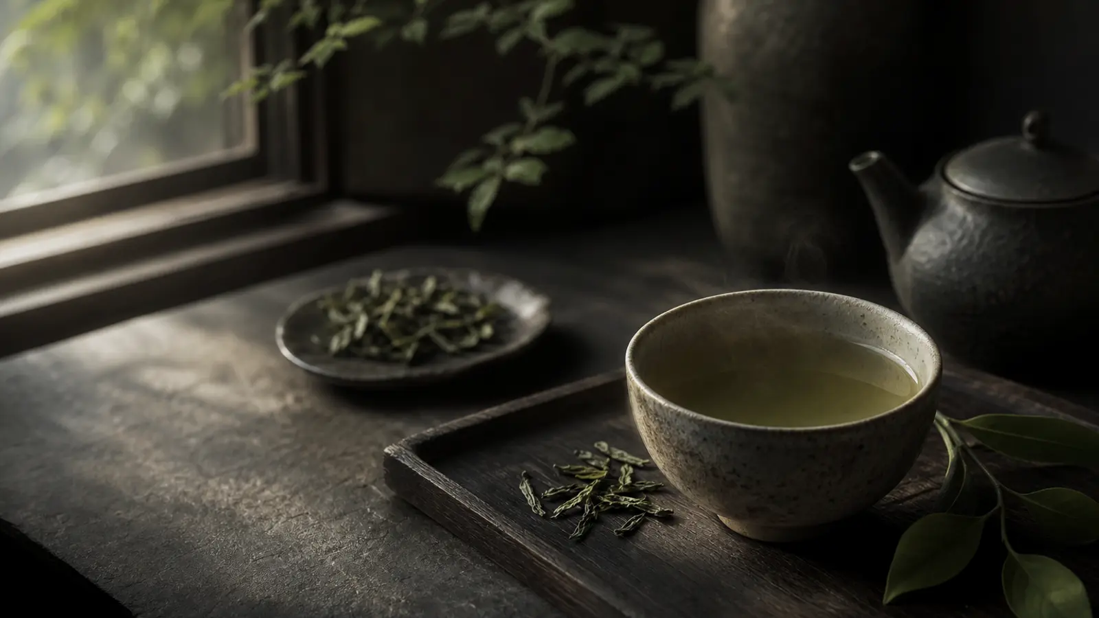 Steaming cup of green tea in soft morning light, evoking mental clarity and calm focus.
