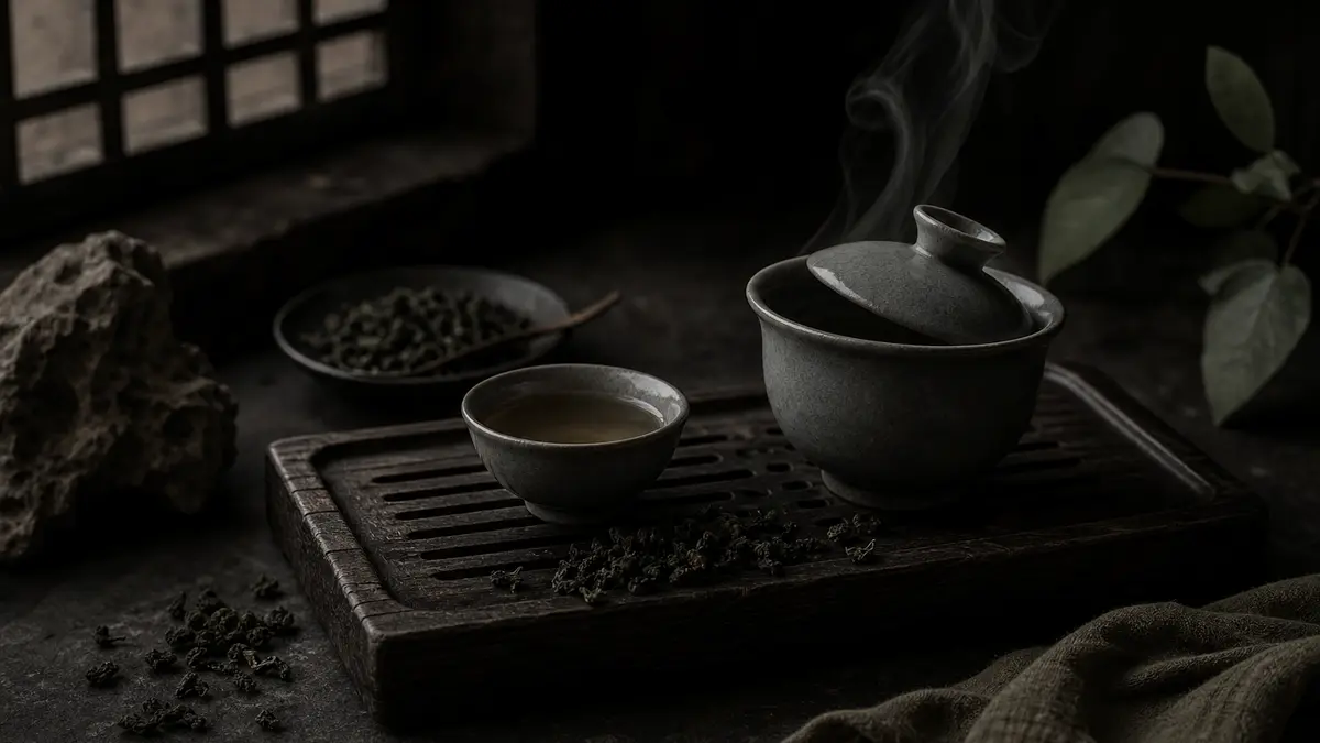 dark atmospheric editorial tea photograph of a small traditional gaiwan and tiny clay teacup on a weathered dark wood te
