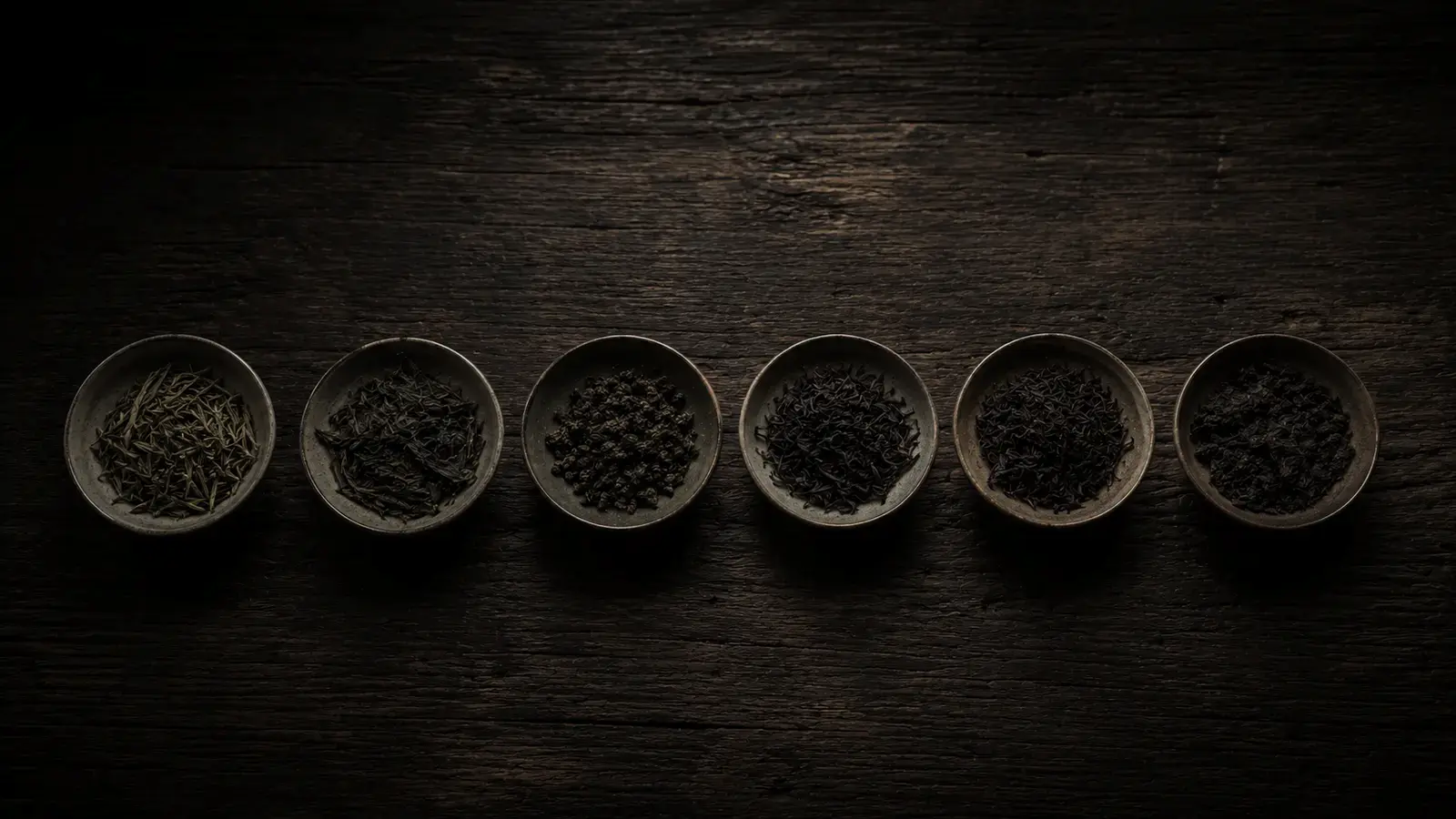 Six types of tea leaves displayed together