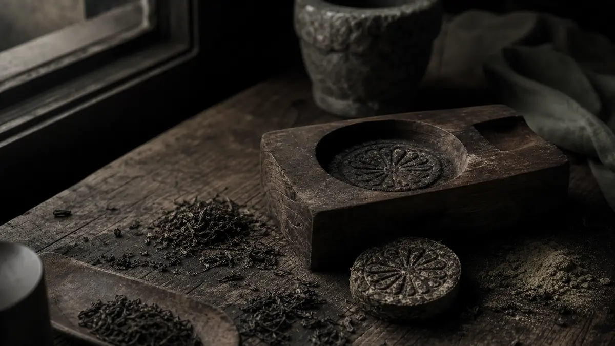 dark atmospheric editorial tea photograph, a weathered wooden work surface holding a hand-carved wooden tea mold beside