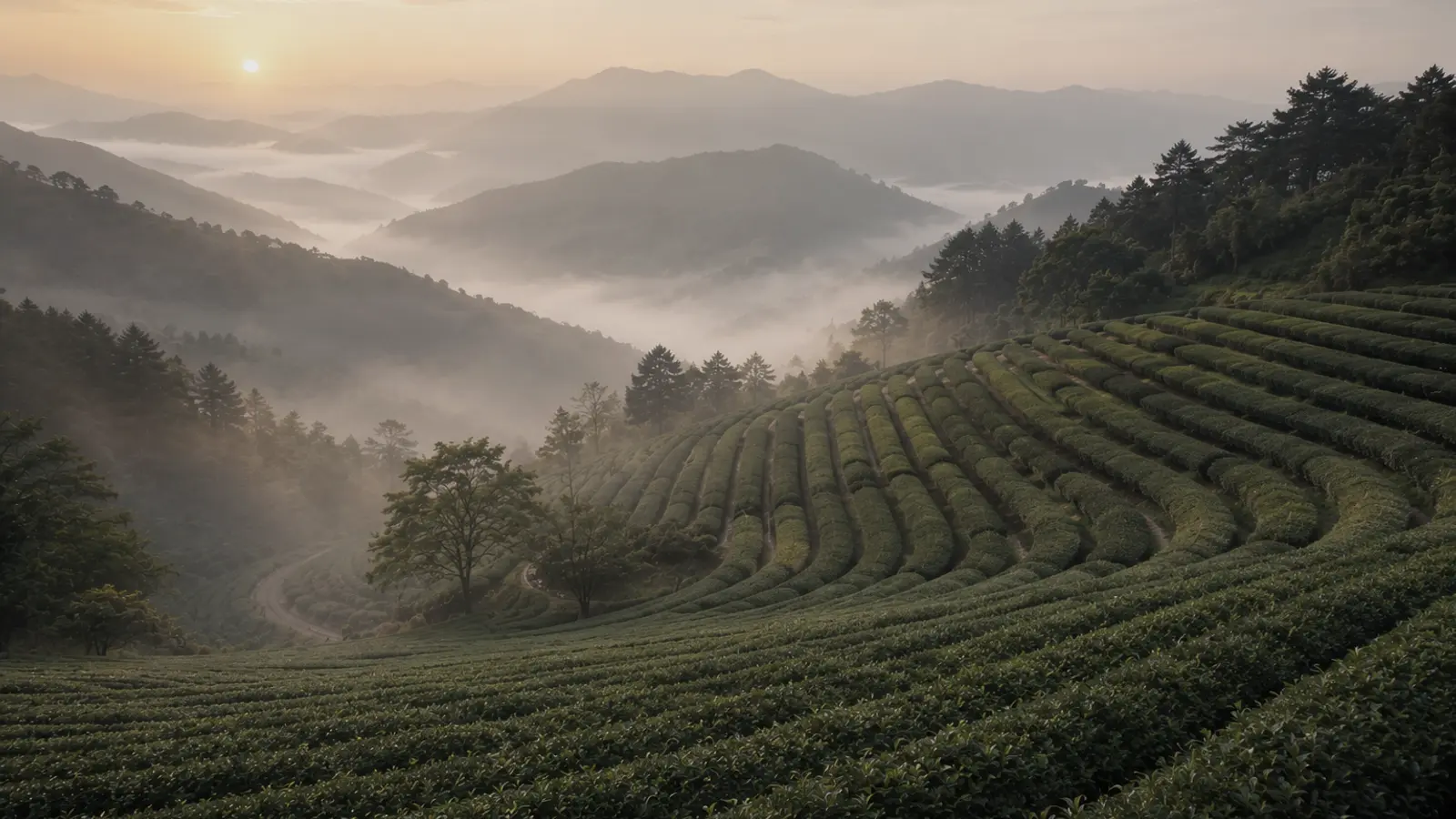 Terraced green tea fields on misty hillsides in Boseong, South Korea, bathed in soft golden morning light.