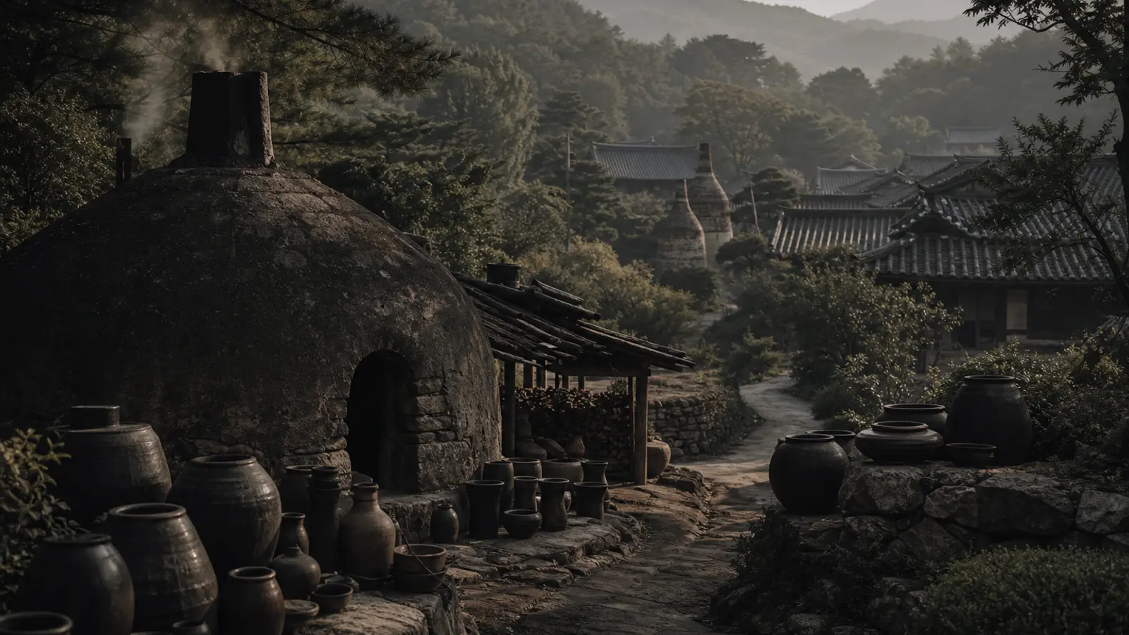Panoramic view of Icheon's ceramics village with traditional kilns and pottery workshops nestled among trees in warm morning light