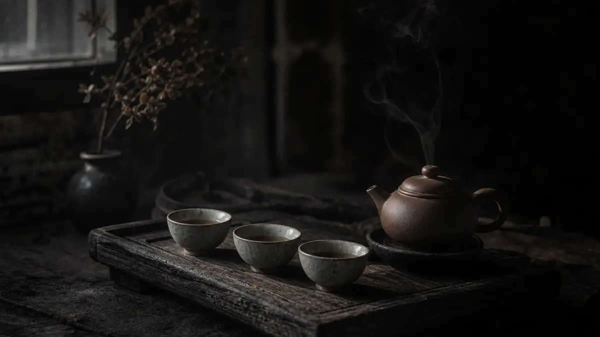 dark atmospheric editorial tea photograph, a small traditional Chaozhou clay teapot and three tiny porcelain cups arrang