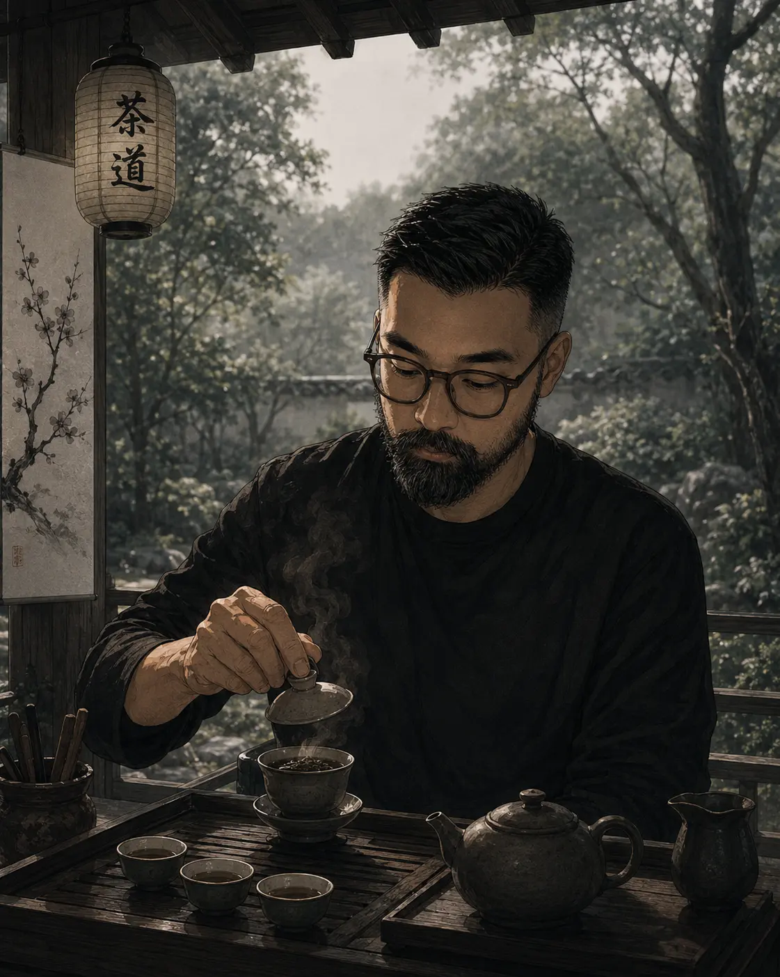Illustration of the Steep Atlas founder brewing gongfu tea