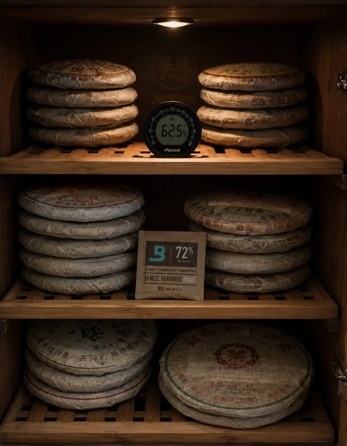 Pu-erh tea cakes stored on bamboo shelves inside a wooden storage cabinet with hygrometer