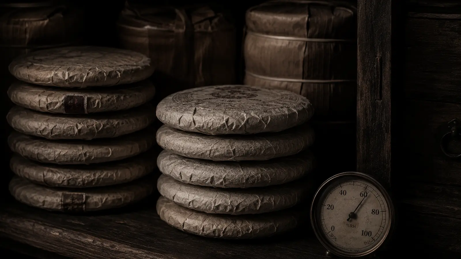 Pu-erh tea cakes stacked on bamboo shelves in a wooden storage cabinet with a hygrometer displaying humidity levels.