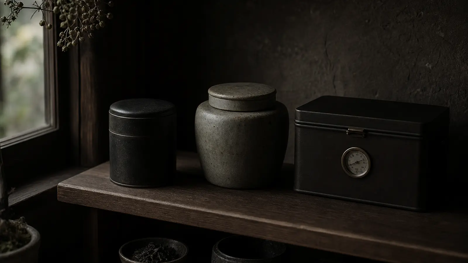 Airtight tin, ceramic jar, and sealed storage box with hygrometer on a shelf in warm natural light for tea storage.