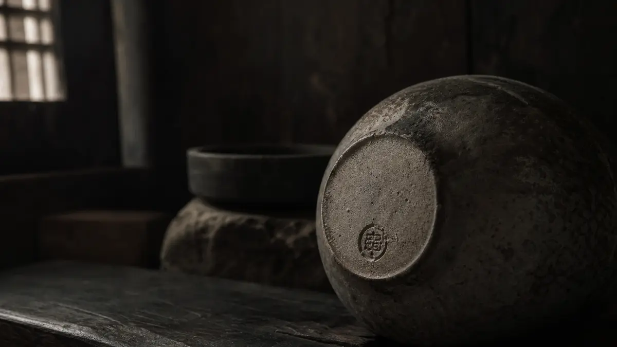 Korean celadon vessel on aged dark wood showing a small impressed potter's seal stamp on the foot ring, warm macro detail