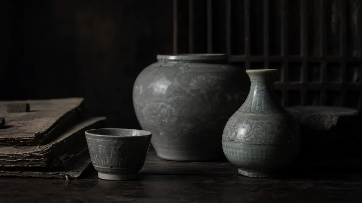 Korean celadon and buncheong stoneware pottery pieces arranged on a dark wooden surface showing glaze and surface decoration differences