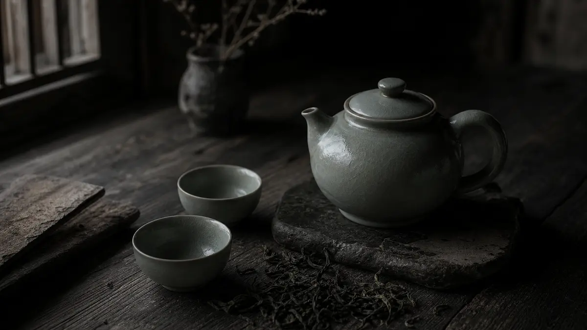 Dark atmospheric editorial photograph of a complete Korean celadon tea set arranged on a weathered dark wood table, low 