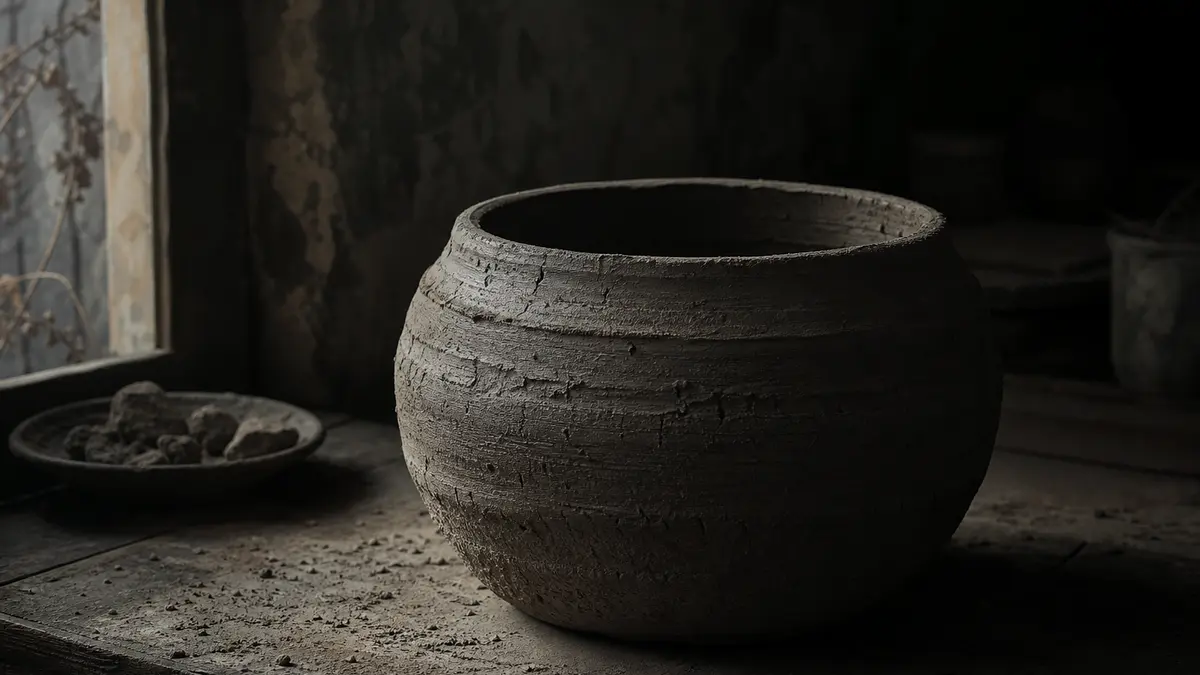 dark atmospheric editorial photograph of a raw unglazed Korean onggi ceramic vessel mid-formation, coarse textured clay